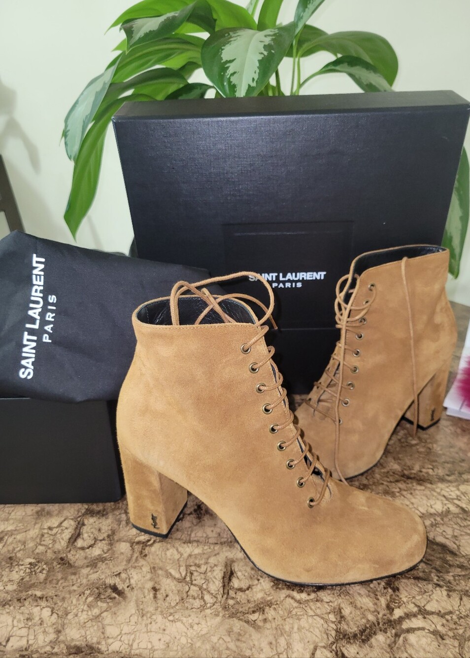 YSL SAINT LAURENT Suede Camel Booties 37.5